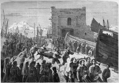 Vissers van Palermo dragen triomfantelijk de eerste tonijn die gevangen is bij de opening van de visserij. Sicilië, Italië door French School