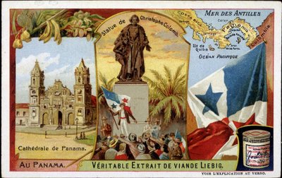 Panama: de kathedraal, het standbeeld van Columbus, de vlag - chromo. door French School