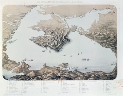 Panoramisch uitzicht en plan van Sebastopol en de Zwarte Zeekust ten tijde van de Krimoorlog, 1855 door French School