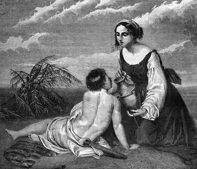 Agar, de dienaar van Abraham, baarde hem een zoon, omdat zijn vrouw Sarai geen kinderen kon krijgen. Ze zal met het kind in de woestijn worden opgejaagd en dankzij een engel water vinden. Gravure in 