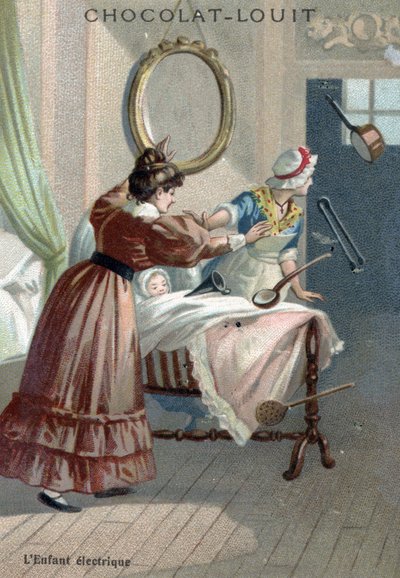 Paranormale activiteit: een pasgeborene beweegt objecten door levitatie (poltergeist of telekinese) Chromolithografie van het einde van de 19e eeuw Privécollectie door French School