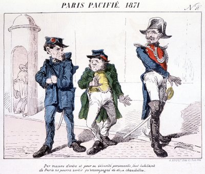 Parijs Gepacificeerd 1871 - Als een maatregel van orde en persoonlijke veiligheid mag elke inwoner van Parijs alleen met twee kaarsen naar buiten. Cartoon over de Commune door French School