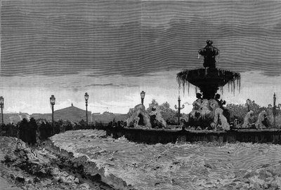 Parijs onder de sneeuw, winter 1879-1880: zicht op een van de fonteinen van Place de la Concorde tijdens de vorst. Gravure door Scott in 