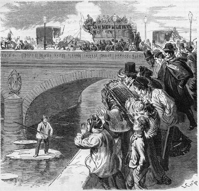 Parijs, winter 1870: een kind klimt op een ijsschots richting de Seine, van de Bercy-brug naar het Passy-viaduct. Gravure in 