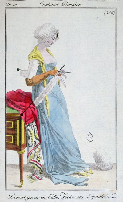 Parijse kostuum: hoed versierd met tule, fichu op de schouders, 1802 door French School