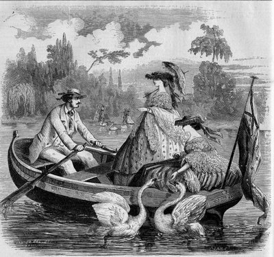Parijse modes, zomer 1857: boottocht op een meer. Gravure in 