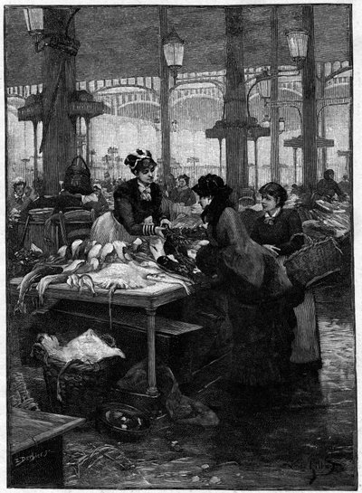 Parijse scène in de 19e eeuw: een visverkoper en een klant bij Halles central. Gravure door Derbier naar het schilderij van Gilbert. Eind 19e eeuw. In 