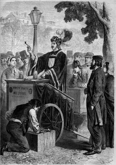 Parijse types: Claude Cotte, bekend als de Anti Mangin, een anti-nicotine pijpenhandelaar. Gravure in 