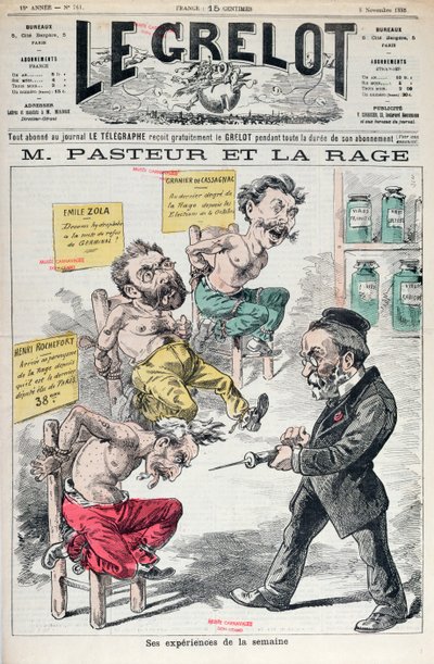 Pasteur en hondsdolheid, karikatuur van de experimenten van Louis Pasteur (1822-95) uit Le Grelot, 8 november 1885 door French School