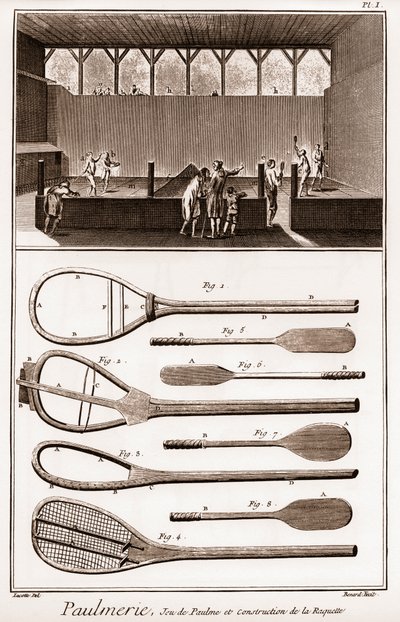 Paulmerie - Jeu de paume en constructie van het racket - Jeu de Paume baan en verschillende stadia in de constructie van rackets (paddle-bats of battoirs) - 
