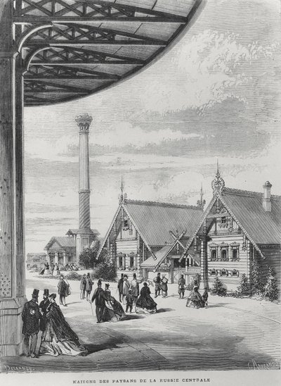Boerenhuizen bij het Russische paviljoen op de Exposition Universelle van 1867 door French School