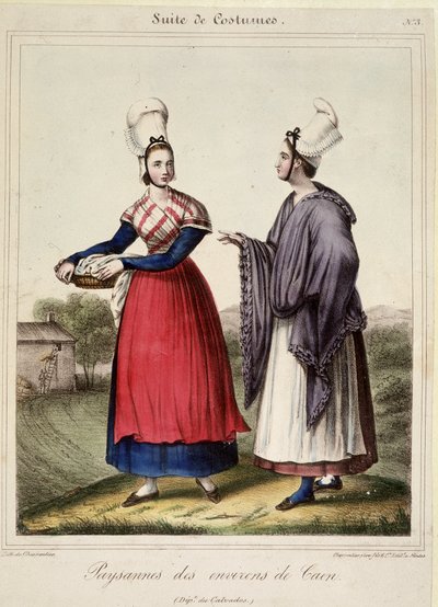 Boerinnen in de buurt van Caen - lithografie door French School