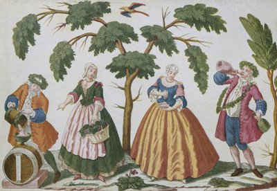 Boeren en bourgeois die met wijn handelen door French School