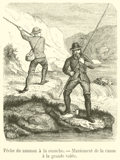 Zalmvissen met de vlieg, hanteren van de hengel met grote zwaai door French School