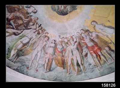 Mensen van het hof van de Medici, met Karel IX als Janus in het midden, rechts van hem katholieken die wapens smeden voor de oorlog, links de protestanten, ook Catharina de