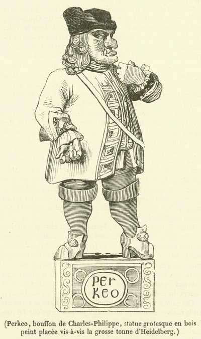 Perkeo, nar van Charles-Philippe, grotesk houten standbeeld tegenover het grote vat van Heidelberg door French School