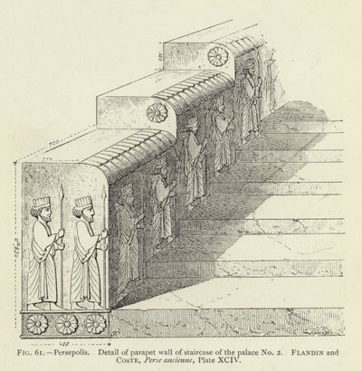 Persepolis, Detail van borstwering van trap van paleis nr. 2 (gravure) door French School