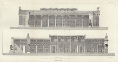 Persepolis, Hal van Honderd Zuilen, geometrische elevatie en longitudinale doorsnede, gerestaureerd door Ch Chipiez door French School