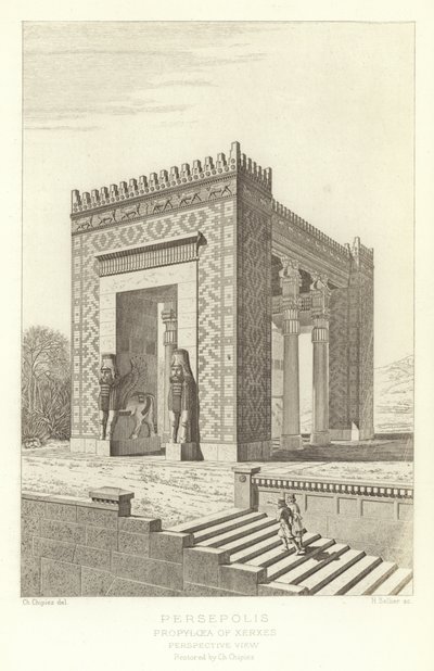Persepolis, Propylaea van Xerxes, Perspectief, gerestaureerd door Ch Chipiez door French School