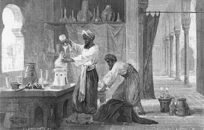 Perzische alchemist Rhazes in zijn laboratorium (gravure) door French School