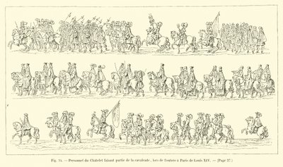 Personeel van het Chatelet maakt deel uit van de cavalcade, bij de intocht in Parijs van Lodewijk XIV door French School