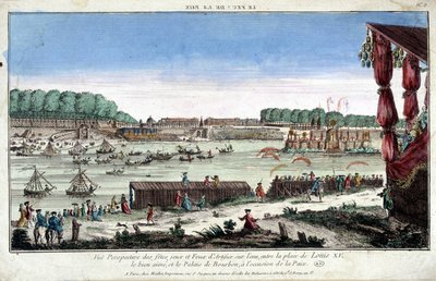 Perspectief van feesten, spelletjes en vuurwerk op het water, tussen Place Louis XV en Palais Bourbon, ter gelegenheid van de Vrede door French School