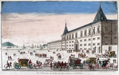Perspectiefzicht op het Paleis van de Hertog van Aveiro in Lissabon - gravure door French School