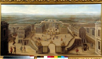 Perspectiefzicht op het kasteel van Versailles vanaf de Place d