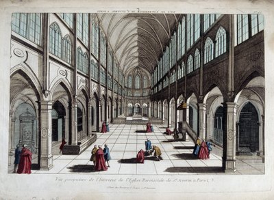 Perspectief van het interieur van de kerk van Saint Severin in Parijs door French School