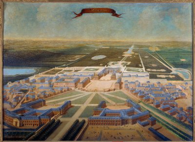 Perspectiefzicht op de stallen van het kasteel en de tuinen van Versailles aan het einde van het bewind van Lodewijk XIV, rond 1710-1715 door French School