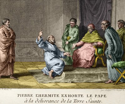 Peter de Kluizenaar spoort paus Urbanus II aan tot de bevrijding van het Heilige Land in 1093 (Peter de Kluizenaar predikt de eerste kruistocht) - Gravure uit de Figuren van de Geschiedenis van Frankrijk, eind 18e eeuw door French School