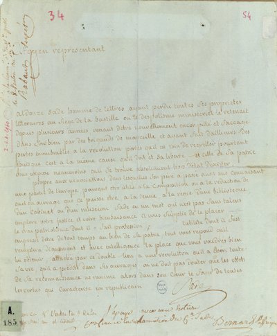 Verzoekschrift van Aldonze Sade voor werk, 1794-95 door French School