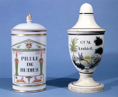 Farmaceutische potten voor Pilule de radius en Arabische gom (faience) door French School