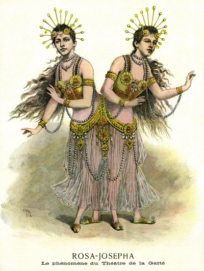 Fenomeen en spektakel: Rosa-Josepha, Siamese zussen gepresenteerd in het Théâtre de la Gaîté in Parijs in 1891 door French School