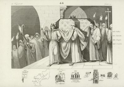 Filips III van Frankrijk helpt de kist van zijn vader, Lodewijk IX, dragen door French School