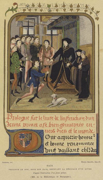 Filips de Goede, hertog van Bourgondië, zittend op een podium en ontvangt een boek, 15e eeuw door French School