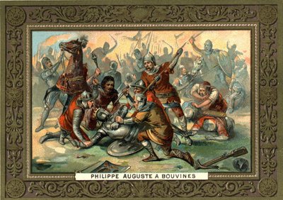 Philippe Auguste in Bouvines in 1214. 19e-eeuwse chromolithografie Coll. Bianchetti door French School