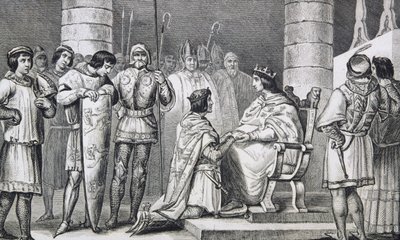 Philippe VI (1293-1350) de Valois brengt hulde aan Edward III (1312-77) van Engeland maar alleen als hertog van Aquitanië, uit 