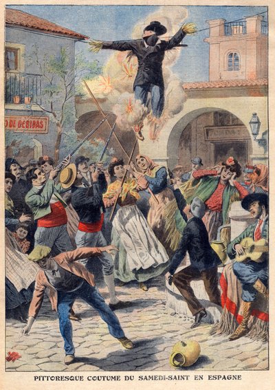 Pittoreske gewoonte van Stille Zaterdag in Spanje: de mensen maken een rieten mannequin gekleed in oude kleren (Judas) die door de straten wordt gedragen, uitgescholden, beschoten en verbrand - illustratie uit 