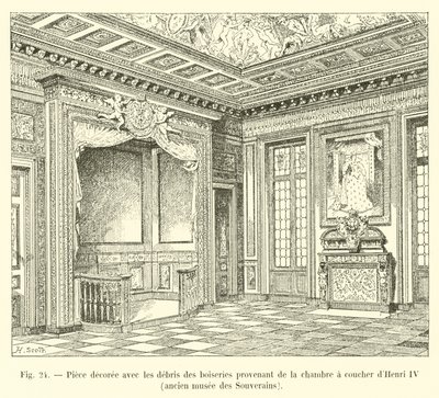 Kamer versierd met de overblijfselen van het houtwerk afkomstig uit de slaapkamer van Hendrik IV, voormalig museum van de Soevereinen door French School