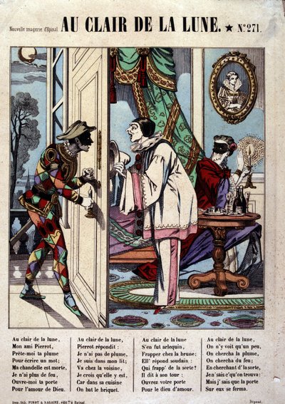 Pierrot, Harlekijn en de buurman, ill. van het lied "Bij het licht van de maan", afbeelding van Epinal door French School