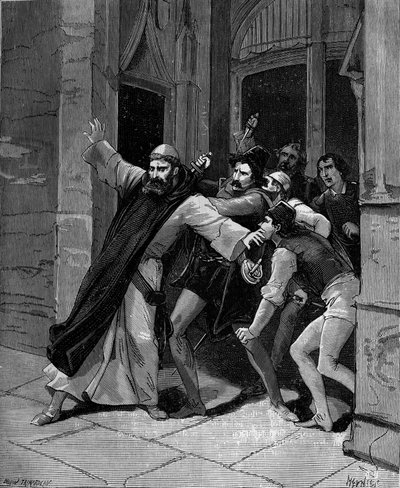 Pietro Paolo Sarpi, bekend als Fra Paolo, van de Orde van de Servieten van Maria (1552-1623) Venetiaanse historicus gewond door moordenaars op 5 oktober 1607 in Venetië. door French School