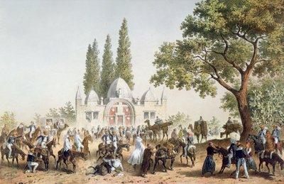 Pelgrims rusten in Jaffa bij de Fontein van Sabil Abu Nabut door French School