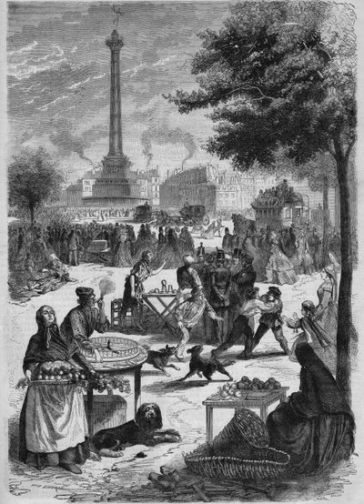 Place de la Bastille op een zondag in september. Gravure naar een schets van Pignard uit 1865 door French School