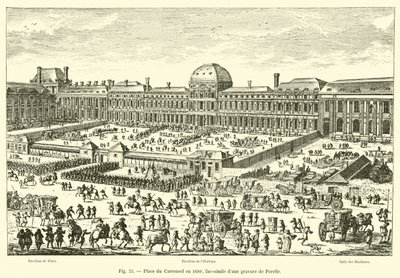 Place du Carrousel in 1680, fac-simile van een gravure van Perelle door French School