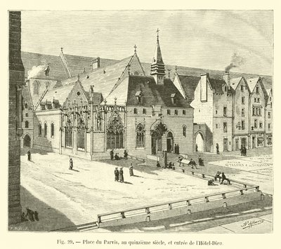 Place du Parvis, in de vijftiende eeuw, en ingang van het Hotel-Dieu door French School