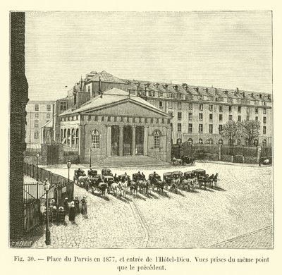 Place du Parvis in 1877, en ingang van het Hotel-Dieu, Zicht vanaf hetzelfde punt als de vorige door French School