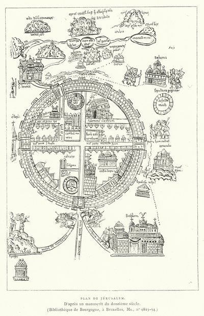 Plan van Jeruzalem (gravure) door French School