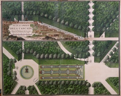 Plattegrond en doorsnede van de waterval in het bos van de Levant, uit Tuinen van Marly, begin 18e eeuw door French School
