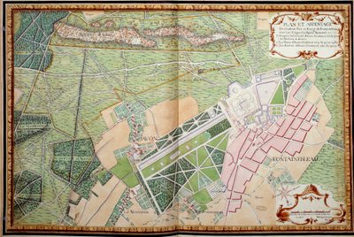 Plan en overzicht van het kasteel, park en dorp van Fontainebleau door French School